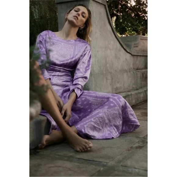 Zara Paisley Maxi Dress Womens Purple Long Slit Satin Long Sleeve Summer Medium - Picture 3 of 15